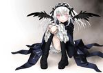  boots doll_joints dress frills hairband kakashichi knee_boots long_hair pink_eyes rozen_maiden sitting solo suigintou white_hair wings 