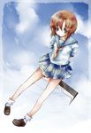  blue_eyes brown_hair cloud hanon_mizushiro hatchet higurashi_no_naku_koro_ni neckerchief nose_hatchet pigeon-toed ryuuguu_rena school_uniform serafuku short_hair skirt sky solo yellow_neckwear 