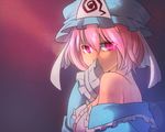  bare_shoulders hat looking_back naughty_face pink_hair saigyouji_yuyuko short_hair smile solo touhou tsurusaki_yuu 