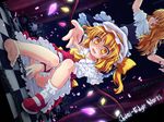  barefoot bdsm beckoning blonde_hair blood bobby_socks bondage bone bound chain checkered dutch_angle etogami_kazuya feet flandre_scarlet foreshortening glowing hands hat highres kirisame_marisa long_hair mary_janes multiple_girls no_panties one_side_up outstretched_arm prisoner shoes single_shoe single_sock sitting skull slit_pupils socks soles touhou wallpaper wings yellow_eyes 