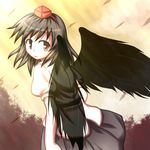  baerun black_hair black_wings hat looking_at_viewer looking_back red_eyes shameimaru_aya short_hair solo tokin_hat touhou wings 