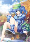  aqua_eyes autumn bad_id bad_pixiv_id barefoot blue_hair boots feet hat kawashiro_nitori key pico_(picollector79) shoes single_shoe sitting solo touhou twintails two_side_up 