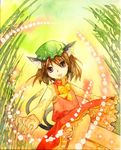  animal_ears bamboo bamboo_forest blonde_hair cat_ears cat_tail chen danmaku earrings forest hat jewelry multiple_tails nature shiroaisa solo tail touhou traditional_media watercolor_(medium) 