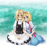  alice_margatroid blonde_hair blue_eyes blush braid hairband hakui_ami kirisame_marisa multiple_girls short_hair sitting touhou yellow_eyes yuri 