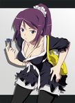  ashita_kara_ganbaro bag bakemonogatari blue_eyes blush bra_strap breasts cleavage handbag heart jewelry long_hair medium_breasts monogatari_(series) necklace pantyhose ponytail purple_hair scrunchie senjougahara_hitagi solo stapler 