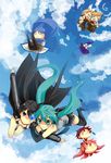  &gt;_&lt; 5girls :&gt; :&lt; aqua_eyes aqua_hair arm_grab bad_id bad_pixiv_id bare_shoulders bikini_top black_eyes black_hair black_rock_shooter black_rock_shooter_(character) blonde_hair blue_hair blue_scarf blush bottle burning_eye chibi closed_eyes cloud coat day detached_sleeves falling hair_ornament hair_ribbon hairclip hatsune_miku headphones jacket kagamine_len kagamine_rin kaito kamui_gakupo long_hair megurine_luka meiko multiple_boys multiple_girls necktie o_o pink_hair ponytail purple_hair red_hair ribbon sailor_collar scarf short_hair shorts siblings skirt smile takoluka tears thighhighs twins twintails ushi_(newrein) very_long_hair vocaloid zettai_ryouiki 