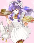  apron bird china_dress chinese_clothes double_bun dress duck dumpling earrings food headdress jewelry jiaozi long_hair mito_tomiko mousse mousse_(duck) one_eye_closed purple_hair ranma_1/2 red_eyes shampoo_(ranma_1/2) smile steam tears tray 