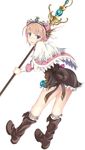  atelier_(series) atelier_rorona blue_eyes boots brown_dress brown_hair dress full_body knee_boots legs nanahara_fuyuki open_mouth rororina_fryxell skirt solo staff white_background 