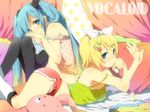  blonde_hair blue_hair blue_nails bottle bottomless bow bunny hair_ornament hatsune_miku heart heart_pillow kagamine_rin kl long_hair multiple_girls nail_polish nail_polish_bottle no_panties panties pillow polka_dot short_hair shorts strap_slip striped striped_panties stuffed_animal stuffed_bunny stuffed_toy thighhighs underwear vocaloid yellow_nails 