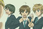  akiyama_mio black_eyes black_hair blonde_hair blue_eyes blush brown_hair genderswap genderswap_(ftm) hirasawa_yui k-on! kotobuki_tsumugi looking_at_viewer male_focus multiple_boys negitama_(nagi) open_mouth round_teeth school_uniform short_hair simple_background smile tainaka_ritsu teeth uniform 