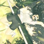 arched_back bad_id bad_pixiv_id bike_shorts black_eyes black_hair blurry copyright_request depth_of_field foreshortening from_above happy high_jump highres horizontal_bar jumping midriff petals shade shirt shoes smile sneakers solo t-shirt teikoku_shounen 