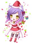  :d animal_ears bare_shoulders bell box cat_ears cat_tail chibi choker christmas gift gift_box hair_ornament hairclip hat looking_at_viewer open_mouth original purple_hair santa_costume santa_hat shitou smile solo tail yellow_eyes 
