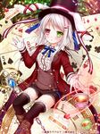  animal_ears bunny_ears bunny_hair_ornament cake card cup food hair_ornament hairclip hat heterochromia long_hair looking_at_viewer official_art original playing_card pocket_watch seiten_ragnarok shitou shorts slice_of_cake solo tea teacup thighhighs top_hat twintails watch white_hair white_legwear 