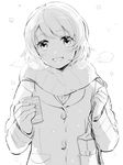  :d bag bangs breath cat coat gloves greyscale holding holding_cat holding_strap karuha koizumi_hanayo looking_at_viewer love_live! love_live!_school_idol_project monochrome open_mouth scarf school_bag short_hair smile snowing solo upper_body 