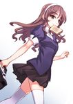  alternate_legwear ashigara_(kantai_collection) bag blush brown_eyes brown_hair food food_in_mouth hairband kantai_collection late_for_school long_hair matsuryuu mouth_hold pleated_skirt school_bag school_briefcase school_uniform short_sleeves skirt smile solo thighhighs toast toast_in_mouth walking white_legwear younger zettai_ryouiki 