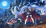  &gt;:) black_gloves cape demon_girl full_moon gloves highres holding horns long_hair looking_at_viewer mecha moon navel night night_sky original polearm red_eyes shoes sky smile solo spear tonchan twintails v-shaped_eyebrows very_long_hair weapon white_hair wind 