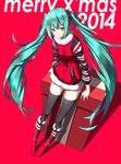  2014 aqua_eyes aqua_hair belt_boots boots christmas cross-laced_footwear famepeera fur_boots gift hand_in_pocket hatsune_miku highres knee_boots lace-up_boots long_hair merry_christmas red_background red_footwear solo thighhighs twintails very_long_hair vocaloid 