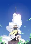  apron basket black_dress blonde_hair blue_sky bow bush cloud commentary day dress from_behind hand_on_headwear hand_up hat hat_bow highres kirisame_marisa long_hair mushroom puffy_short_sleeves puffy_sleeves short_sleeves sky solo touhou translated wind witch_hat worldless 