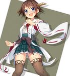  :d blue_eyes blush brown_hair brown_legwear detached_sleeves headgear hiei_(kantai_collection) highres kantai_collection metindone no_legwear nontraditional_miko open_mouth skirt smile solo 