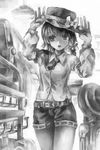  arms_up artist_name bad_id bad_pixiv_id bow greyscale hair_bow hat luggage monochrome nagayo necktie open_mouth ribbon short_hair skirt solo touhou usami_renko 