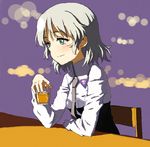 bad_id bad_pixiv_id blush cup drink green_eyes holding lights long_sleeves lowres military military_uniform necktie sanya_v_litvyak shiratama_(hockey) short_hair silver_hair sitting smile solo strike_witches table uniform world_witches_series 