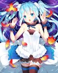  7th_dragon_(series) 7th_dragon_2020 absurdres blue_eyes blue_hair hatsune_miku highres leaf long_hair open_mouth partially_submerged pirumjuice skirt solo thighhighs twintails vocaloid zettai_ryouiki 