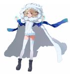  absurdres animal_ears ankle_boots belt_boots black_footwear blonde_hair blue_scarf boots cape detached_sleeves fur_boots highres hood horns original panties red_eyes scarf sheep_girl solo standing thighhighs ume_(datsuryokugen) underwear white_legwear 