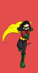  batman_(series) black_hair boots cape cross-laced_footwear crossover damian_wayne dc_comics domino_mask gloves green_shoes lace-up_boots male male_focus mask open_mouth poke_ball pokemon robin_(dc) running shoes solo 