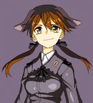  animal_ears bad_id bad_pixiv_id black_ribbon brown_eyes brown_hair collared_shirt dog_ears gertrud_barkhorn hair_ribbon long_hair long_sleeves lowres military military_uniform purple_background ribbon shiratama_(hockey) shirt simple_background smirk solo strike_witches twintails uniform world_witches_series 