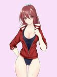  bad_id bad_pixiv_id breasts cleavage free! highleg highleg_swimsuit jacket large_breasts long_hair looking_at_viewer matsuoka_gou one-piece_swimsuit open_clothes open_jacket ponytail raind red_eyes red_hair swimsuit thigh_gap track_jacket wet wide_hips 