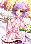  :d animal_ears bangs brown_gloves cat_ears cat_tail coat cowboy_shot dutch_angle gloves long_sleeves looking_at_viewer open_mouth original outdoors pointing purple_hair shitou short_hair smile solo tail winter_clothes winter_coat yellow_eyes 