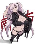  black_footwear black_legwear boots bra breasts cleavage grey_hair hair_over_one_eye hand_on_own_head jacket kantai_collection large_breasts long_hair minarai navel panties red_eyes shinkaisei-kan solo southern_ocean_oni thigh_boots thighhighs twintails underwear very_long_hair 