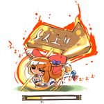  bow chain chibi directional_arrow fire hair_bow horn_ribbon horns ibuki_suika kashuu_(b-q) long_hair open_mouth orange_hair ribbon sign smile solo touhou 