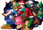  2014 black_hair box candy christmas christmas_ornament christmas_tree flying gift gift_box gloves green_hair hat jacket jolly_roger lapel_pin monkey_d_luffy multiple_boys night one_piece present reindeer roronoa_zoro scarf shorts smile snow tony_tony_chopper usopp 