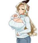  2015 amazon_(dragon's_crown) ass blonde_hair breasts burakku-ra choker circlet cleavage denim dragon's_crown feathers green_eyes hair_feathers highres horns huge_ass huge_breasts jeans jewelry lips long_hair meme_attire necklace open-chest_sweater pants parted_lips raised_eyebrows ribbed_sweater ring sheep_horns simple_background solo sweater thick_thighs thighs turtleneck very_long_hair white_background 