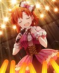  bare_shoulders closed_eyes corset dress earrings frilled_skirt frills glint hair_ornament heart idolmaster idolmaster_million_live! jewelry lights microphone music official_art open_mouth orange_hair ribbon short_hair singing skirt solo stage standing text_focus wireless yabuki_kana 