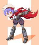  1girl android arms_behind_back bangs beret bow cape flower hana_(xenoblade) hat hat_bow highres lily_(flower) looking_at_viewer nintendo open_mouth orange_eyes paskmel pink_background purple_hair red_bow red_cape robot_joints short_hair short_twintails smile solo twintails white_flower white_hat xenoblade_(series) xenoblade_2 