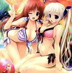  ;d absurdres aina_ashwin ball barefoot beach beach_umbrella beachball bikini blonde_hair blue_eyes body_blush breasts cleavage fang frilled_bikini frills front-tie_top hair_ribbon highres kneeling large_breasts long_hair long_legs looking_at_viewer multiple_girls navel one_eye_closed open_mouth pink_bikini prism_recollection! red_eyes red_hair renjou_sayaka ribbon scan shintarou side-tie_bikini sidelocks sitting smile strap_gap striped striped_bikini swimsuit twintails umbrella v very_long_hair wariza 