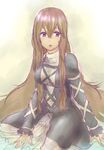  breasts brown_hair dress hijiri_byakuren long_hair long_sleeves looking_at_viewer medium_breasts open_mouth purple_eyes sitting sketch solo somsom touhou turtleneck very_long_hair wariza 