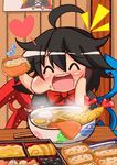  :d ^_^ ahoge asymmetrical_wings black_hair blue_wings chibi closed_eyes eating food foodgasm happy heart highres hijiri_byakuren houjuu_nue noodles open_mouth red_wings rindou_(p41neko) smile soba solo touhou wings 