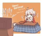  1girl ahoge bad_id bad_pixiv_id blazblue doll eyepatch food fruit jubei_(blazblue) kotatsu mandarin_orange nu-13 ragna_the_bloodedge saria_(tortart) silver_hair table television 