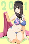  2015 bare_shoulders bikini breasts brown_eyes brown_hair curvy eyebrows large_breasts long_hair mio5 navel ojisan_to_marshmallow original otoi_rekomaru smile solo swimsuit thick_thighs thighs yellow_background 