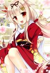  :d blonde_hair fang hair_flaps hair_ornament hair_ribbon hairclip iris_yayoi japanese_clothes kantai_collection kimono long_hair looking_at_viewer new_year open_mouth red_eyes remodel_(kantai_collection) ribbon scarf smile white_scarf yuudachi_(kantai_collection) 