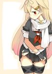  black_gloves black_serafuku black_skirt blonde_hair cowboy_shot fingerless_gloves gloves gradient_hair hair_flaps hair_ornament hair_ribbon hairclip hota kantai_collection long_hair looking_at_viewer multicolored_hair neckerchief pleated_skirt red_eyes red_neckwear remodel_(kantai_collection) ribbon sailor_collar scarf school_uniform serafuku skirt skirt_lift smile solo white_scarf yuudachi_(kantai_collection) 