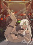  5 black_panties bodysuit breast_press breasts covered_nipples covering covering_breasts dark_skin door glass_wall gloves glowing glowing_eyes grey_hair hair_ornament hairclip highres horns indoors kazemura legs_up long_hair looking_at_viewer medium_breasts number original panties side-tie_panties single_thighhigh skindentation solo_focus tattoo thigh_strap thighhighs topless underwear 