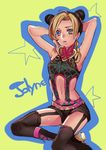  armpits black_hair blonde_hair blue_eyes bug butterfly double_bun garter_straps insect jojo_no_kimyou_na_bouken kesaharus kuujou_jolyne midriff multicolored_hair shorts solo stone_ocean thighhighs two-tone_hair 