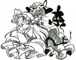  absurdres back-to-back bow commentary_request gokuu_(acoloredpencil) hat hat_bow hat_ribbon highres long_hair looking_at_viewer maribel_hearn marker_(medium) multiple_girls one_eye_closed red_eyes ribbon simple_background smile smirk spot_color touhou traditional_media white_background wide_sleeves yakumo_yukari 