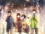  2girls backlighting bad_id bad_pixiv_id black_hair blurry bokeh brown_hair depth_of_field domik enomoto_takane hair_ornament hairclip holding_hands kagerou_project kisaragi_shintarou kokonose_haruka long_hair multiple_boys multiple_girls red_scarf scarf school_uniform short_hair smile snowing tateyama_ayano twintails 