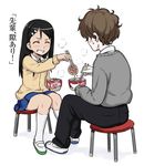  1girl 774_(nanashi) black_hair chopsticks closed_eyes downscaled food grin hachiouji hair_ornament hairclip ijiranaide_nagatoro-san kneehighs md5_mismatch nagatoro noodles ramen resized shoes sitting skirt smile stool sweater tempura translated uwabaki 