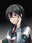 adjusting_eyewear black_background black_hair blue_eyes empty_eyes glasses gradient gradient_background hairband kantai_collection long_hair ooyodo_(kantai_collection) open_mouth school_uniform shaded_face solo uni8 